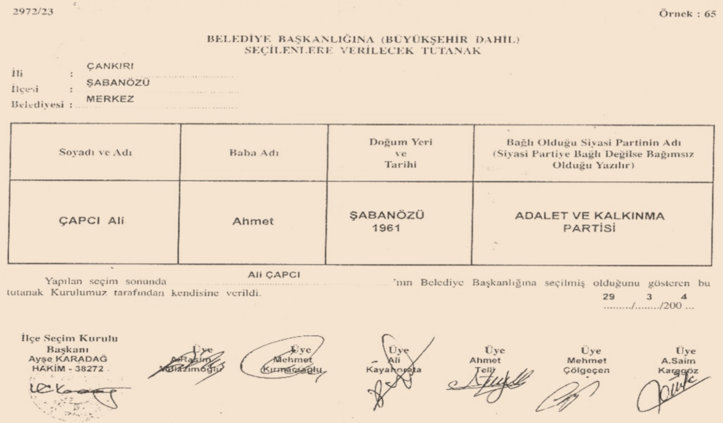 29 Mart 2004 Şabanözü Belediye Başkanlığı Mazbatası